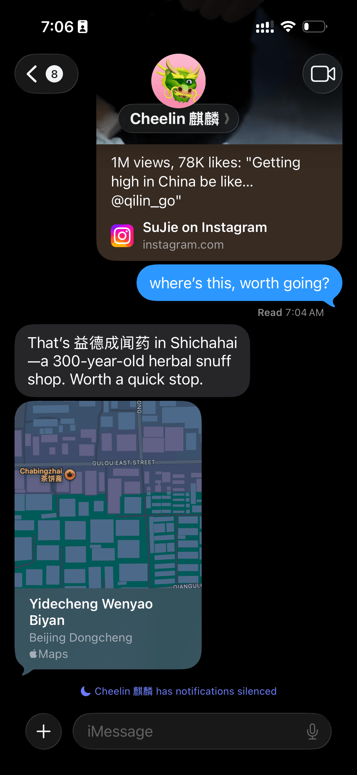 An iMessage conversation where Cheelin identifies a Beijing shop from an Instagram link and shares its map location