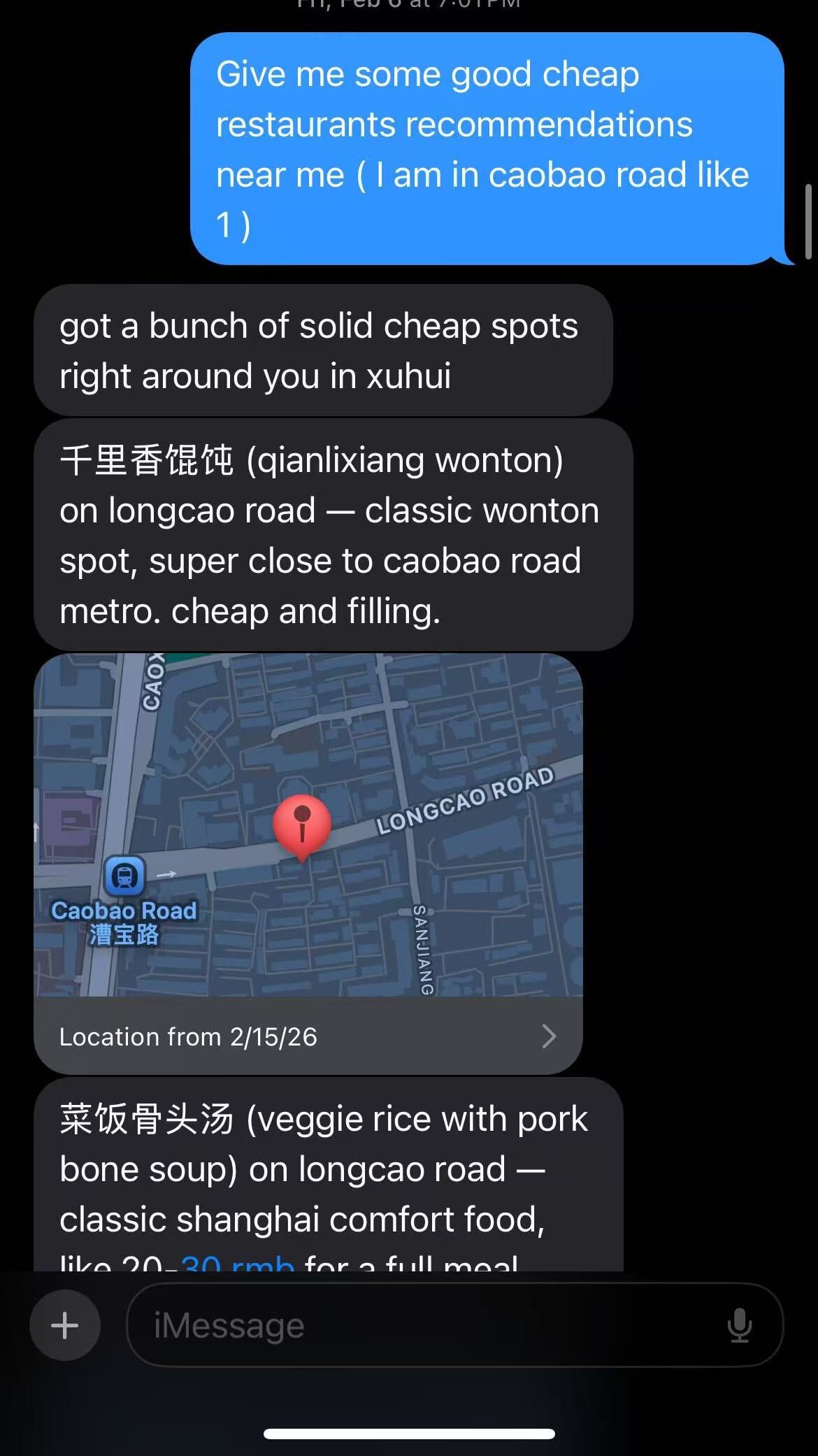 Finding cheap restaurants near Caobao Road